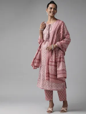 Women Pink Floral Printed Gotta Patti Pure Cotton Kurta With Trousers & With Dupatta