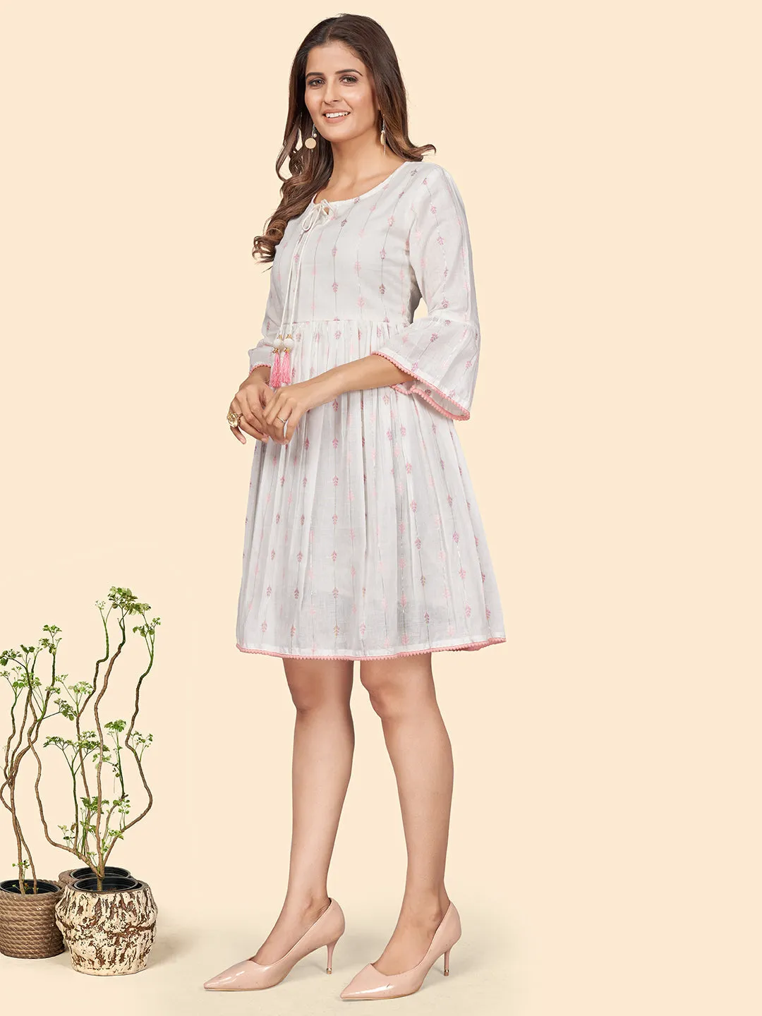 Women'S Printed Flared Cotton Off White Stitched Dress