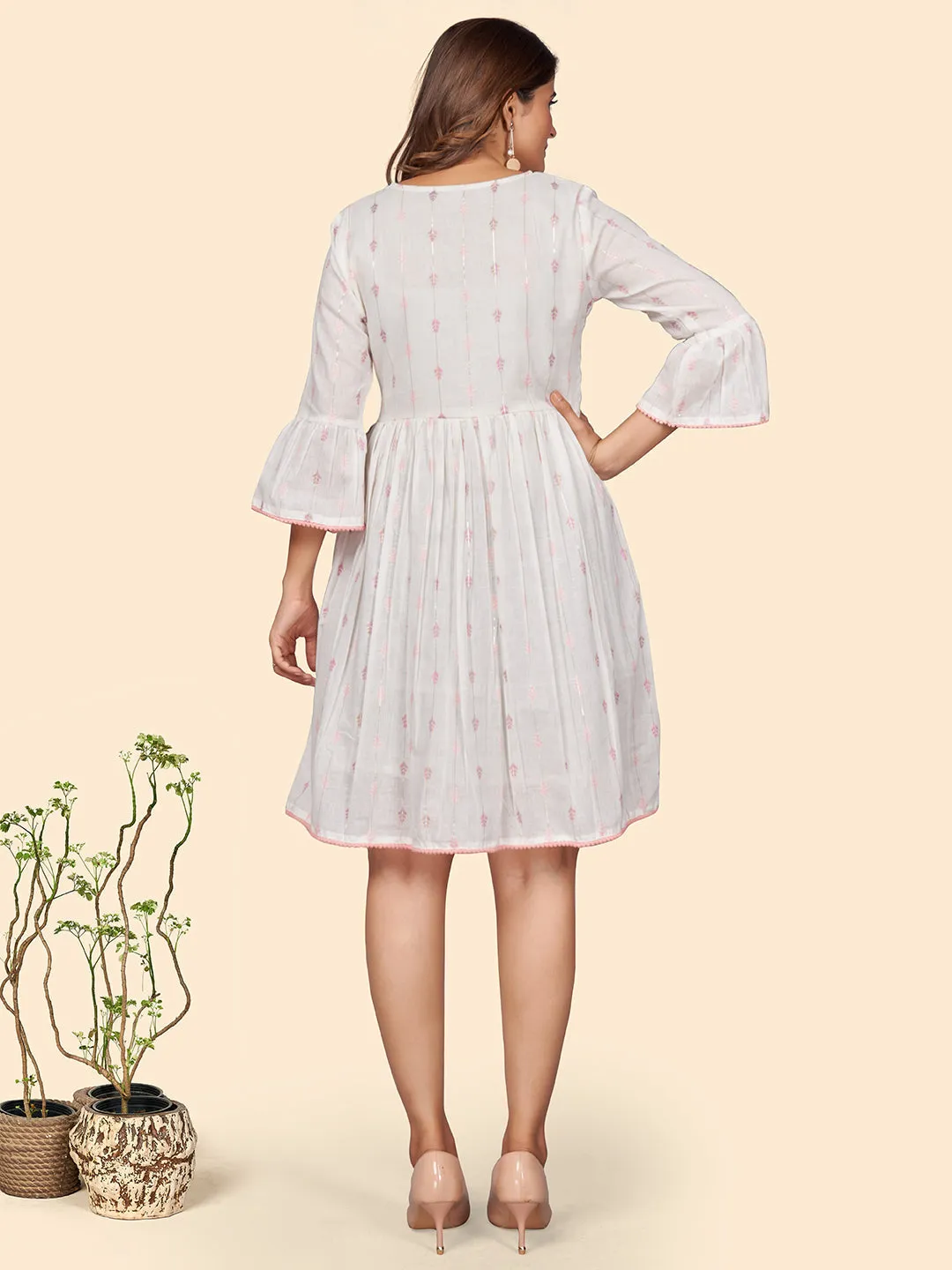 Women'S Printed Flared Cotton Off White Stitched Dress