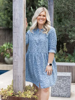 Zahlia Shirt Dress - Denim Cheetah